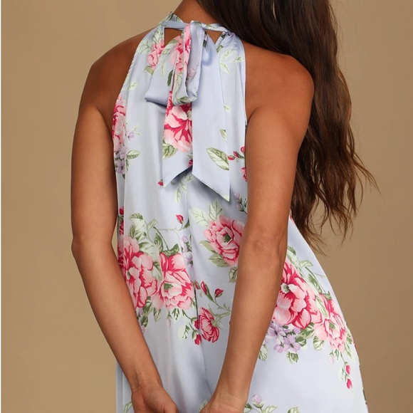 Get a Bloom Light Blue Floral Print Satin Halter Mini Dress - Picture 2 of 6